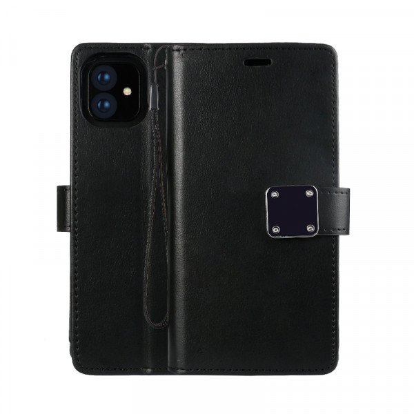 Wholesale iPhone 11 (6.1in) Multi Pockets Folio Flip Leather Wallet Case with Strap (Black)